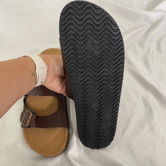 Boho Dark Brown Faux Leather Brassy Gold Buckle Sandals / Slides EU 44 US 13.5 - Picture 4 of 4